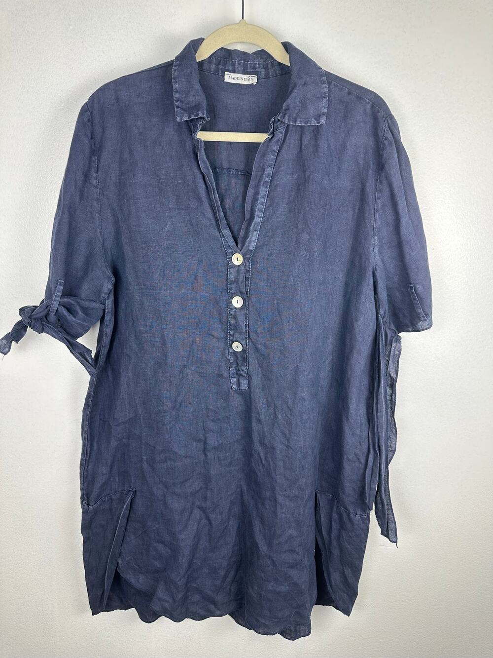 Made in Italy Lagenlook Linen Tunic Dress Blue Shirt Large Tie Cuff Pockets